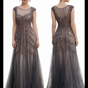 Cachet Formal Gown Size 16 Gray Embroidered Tulle Evening Dress Elegant